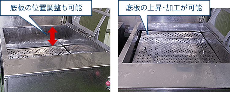 浮上装置付 バッチ式洗浄機 床板の位置調整、上昇加工のイメージ